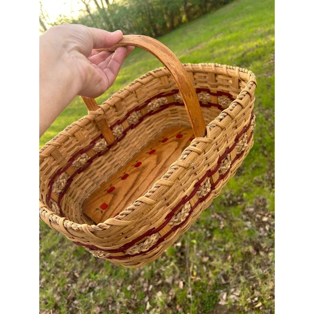 Handmade Woven Splint Basket Wood Base Hand Painted Apple Border Farmhouse Decor